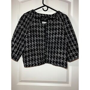 LAL Live a Little Black White Houndstooth Tweed Cropped Wool Jacket Blazer Women